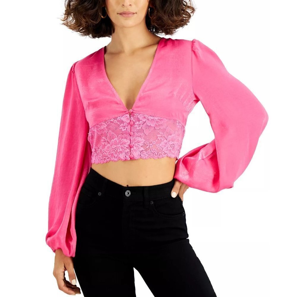 Bar III Womens Size XS Long Sleeve Lace-Hem Cropped Blouse in Pink Shock $59 047